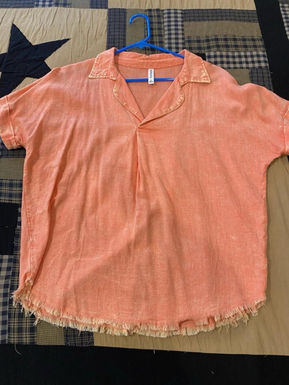 Zenana Washed Linen Raw Edge Womens Blouse, Coral, size Small, NWOT